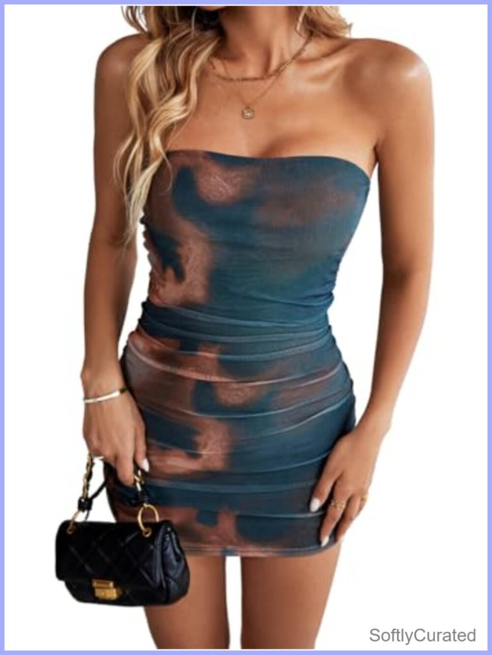 Women's Strapless Ruched Print Mesh Bodycon Mini Dress
